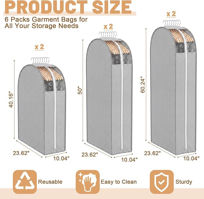 6 Pack Garment Bags for Hanging Clothes, 40"/50"/60" Suit Bags for Open Closet, 10" Gusseted Waterproof Dustproof Clothes Storage Closet, Dress, Coat, Travel (Window Style,Gray)