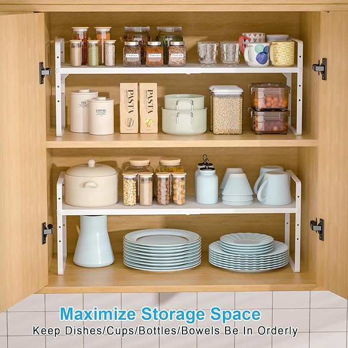 15.5 to 25.5 Inch Kitchen Cabinet Shelf Organizers, Adjustable Kitchen Counter Shelf Organizer, Set of 4 Expandable Countertop Storage Shelves, Stackable Design, 30LBS Heavy Duty, Space Saver