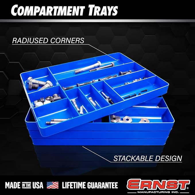 Ernst MFG 10 Compartment Drawer Organizer: Heavy Duty Stackable Tray for Automotive Tool Organization -Low Profile Toolbox - Nuts and Bolts, Tools, Parts, Easy to Clean - Black - Made in the USA