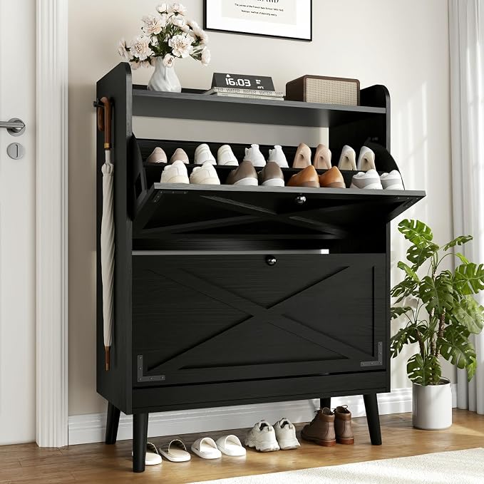 Shoe Storage Cabinet with 2 Flip Drawers & Adjustable Shelves, Freestanding Shoe Cabinet with Side Hooks Narrow Shoe Rack Cabinet for Entryway,Black