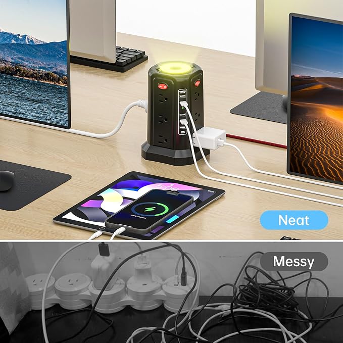 PASSUS Surge Protector Power Strip with 5 USB Ports and Night Light,10FT Braided Extension Cord with 12 AC Multiple Outlets, Power Tower Overload Protection for Home Office Dorm Room Essentials