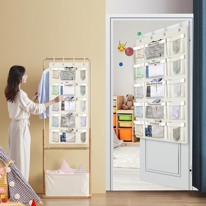 Weekly Hanging Closet Organizer for Kids,Day of Week Kids Clothes Organizer,School Clothing Storage Monday to Friday Hanging Closet Organizer Shelves for Bedroom,Bathroom,Dorm (Beige)