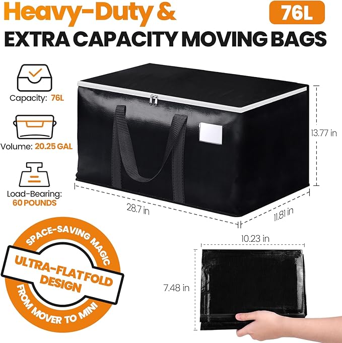 StoreHappily Heavy-Duty & Extra Capacity Moving Bags with Backpack Straps, Storage Totes with Double Zipper & Strong Handles, Packing Bags Alternative to Moving Boxes, Moving Supplies (4 Pack, Black)