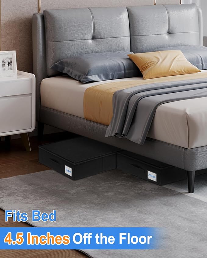 4.5-Inch Tall Under Bed Storage Container, Low Profile Underbed Storage Bin, Thin Clothes Storage Organizer with Rigid Sides & Bottom, Shallow Storage for Under Couch & Dresser Space, 2-pack, Black