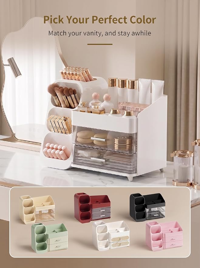 Booklov Large Makeup Organizer for Vanity Countertop, White | Clear Acrylic Cosmetic Display Case, Beauty Brush Holder for Bathroom Counter, Make Up Skincare Lipsticks Storage