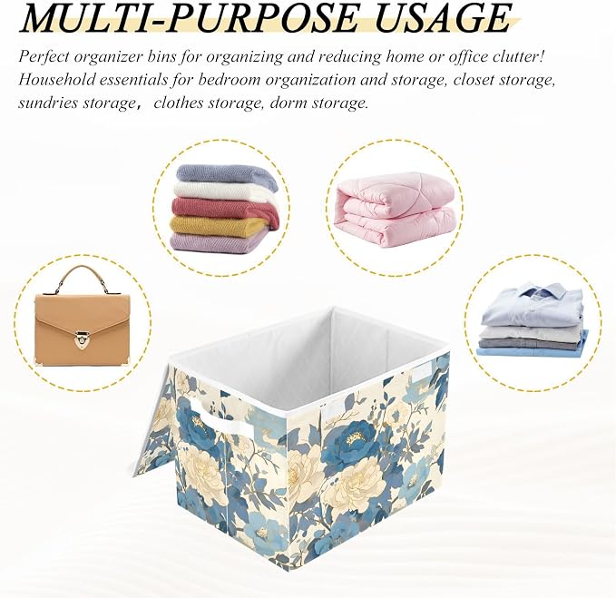 Blue White Peony Lidded Storage Bins with Handles - 16.5"x12.6"x11.8" Foldable Organizing Box, Oxford Fabric & Honeycomb Board, Dust-Proof Flip Lid for Closet/Office