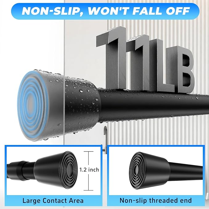 2 Pack Black Tension Rods, 33"-59" Adjustable Shower Curtain Rods, Heavy Duty No Drilling Rod, 11lbs Max Load, 1.2" End Cap, 19/22mm Tube, Metal, for Bathroom, Window, Bedroom, Doorway, Closet
