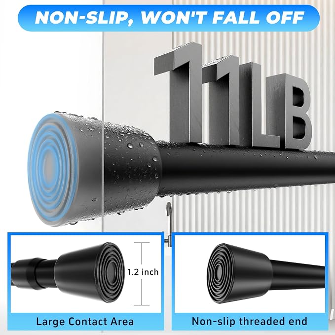 2 Pack Black Tension Rods, 41"-75" Adjustable Shower Curtain Rods, Heavy Duty No Drilling Rod, 11lbs Max Load, 1.2" End Cap, 19/22mm Tube, Metal, for Bathroom, Window, Bedroom, Doorway, Closet