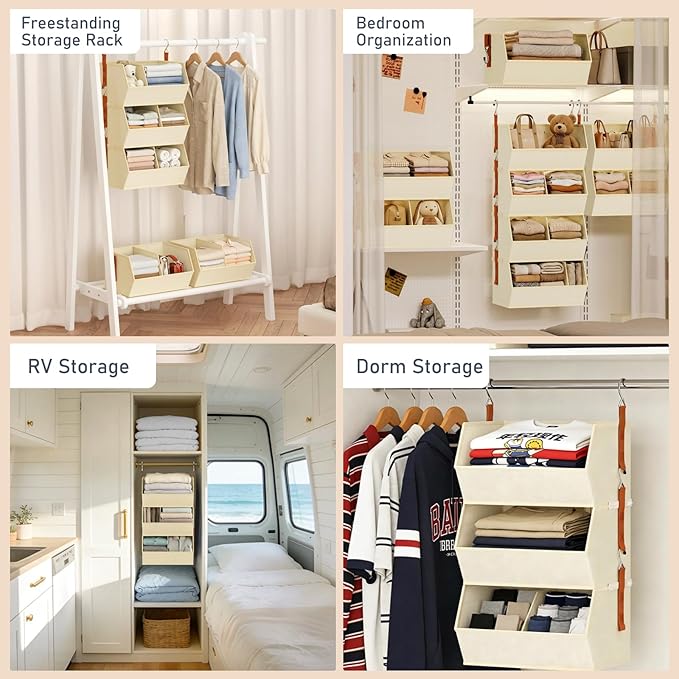 Hanging Closet Organizer Extra Large, Clothes Hanging Shelves for Closet with Divider, Collapsible Closet Storage System, Fabric Storage Bins for Home, Dorm, Rv, Sweaters, Handbags, Underwear, Sock