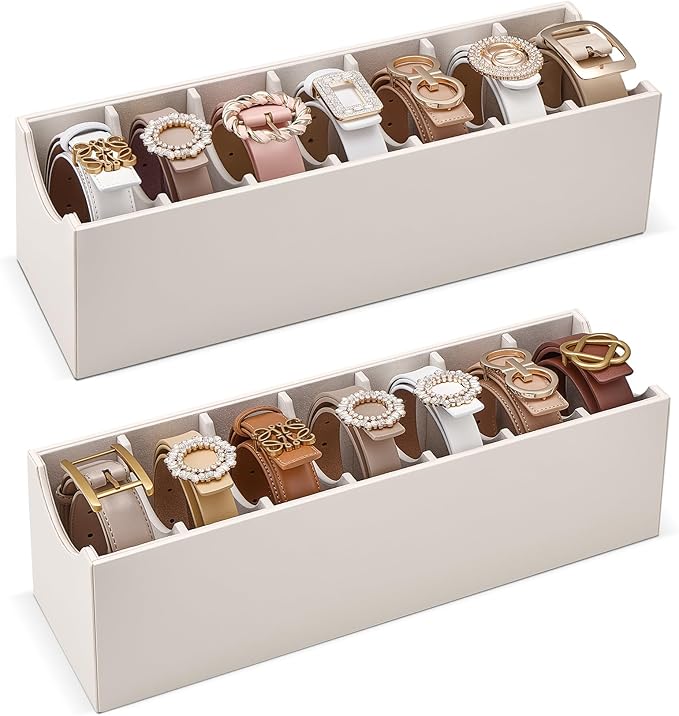Lolalet Belt Organizer for Closet, Belt Box & Storage Drawer -Cream | PU Leather Belt Holder with 7 Extra-Wide Compartments, Soft Lining, Fits Entryway Cabinet, for Women, 2 Pack
