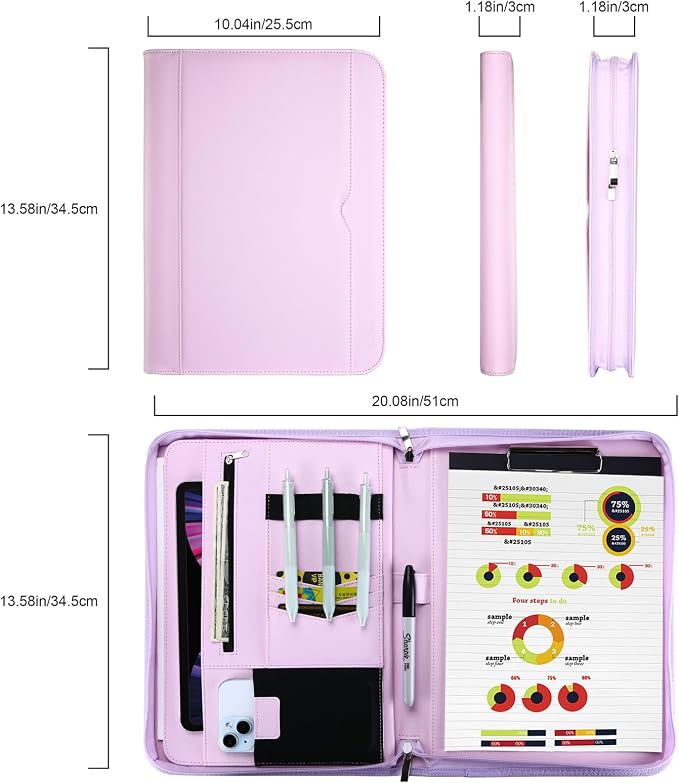 ProCase Portfolio Business Padfolio Folder with Zipper -Purple | Conference Meeting Executive File Legal Document Organizer with Pockets Letter Size A9 Writing Pad Notepad Padfolio