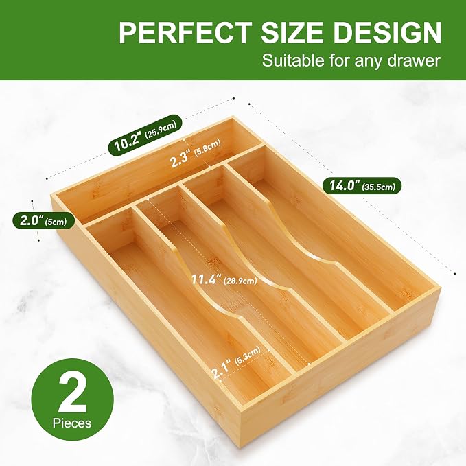 Greenual Silverware Organizer 10 In Utensil Organizer Silverware Tray for Drawer Cutlery Flatware Organizer for Kitchen Bamboo Wood 2 Pack
