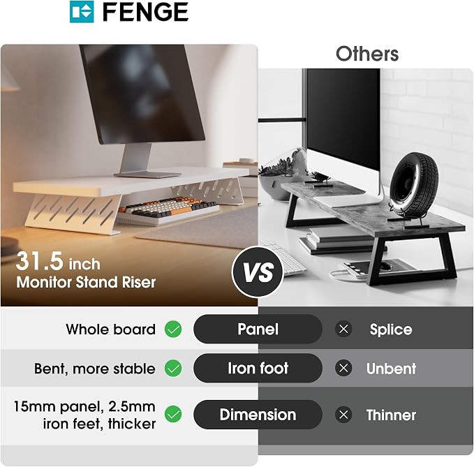 Fenge Monitor Stand Riser, Desk Top Shelf for 2 Monitors, Computer Stands for Desk, Wood & Steel Desktop Riser for Laptop, PC, Printer