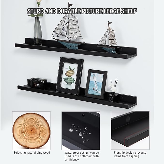 AZSKY 36 Inch Picture Ledge Shelves Set of 3, Rustic Wood Floating Shelves for Photo Frames, Nursery & Kids Book Shelves, Wall Mounted Bathroom Organizer (Black)