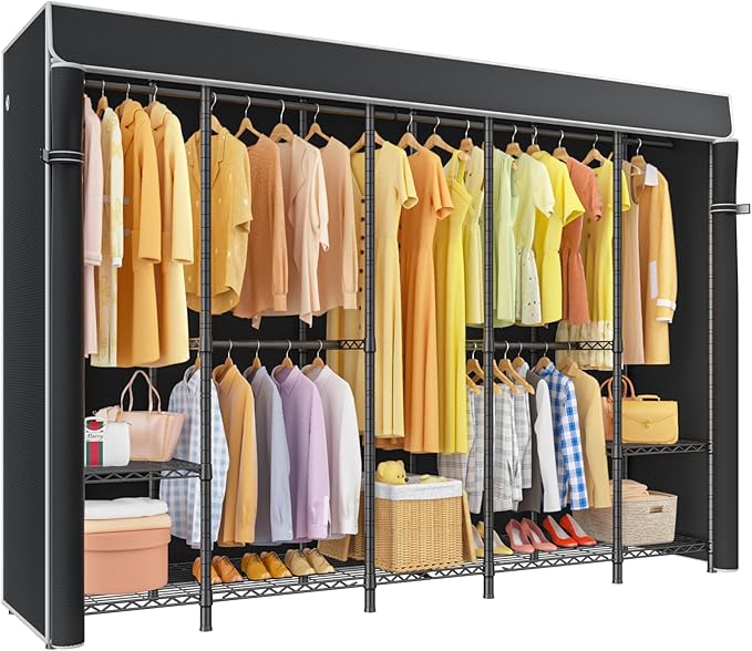 ULIFHOME H50C Extra Large Clothes Rack with Cover, Freestanding Portable Closet, Covered Clothing Racks for Hanging Clothes, Heavy Duty Garment Rack, Wardrobe Closet with Black Cover Max Load 1350 Lbs