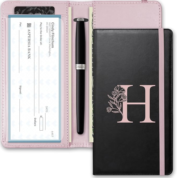 Letter Checkbook Cover, RFID Blocking Checkbook, Duplicate Checks with Pen Holder, Cards Slots, Multi-Functional Checkbook Holder for Personal and Business Checks