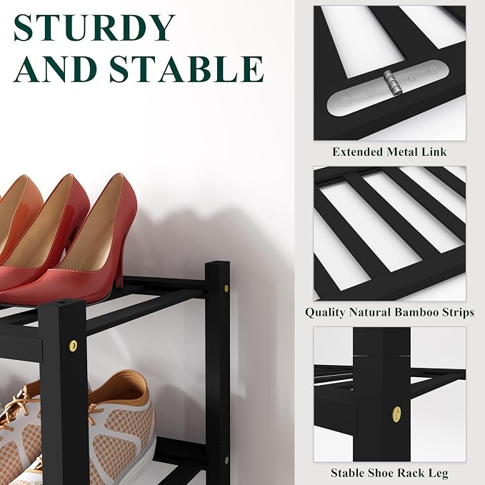 Smiry Bamboo Shoe Rack, 5 Tier Free Standing Wooden Shoe Organizer, Stackable Wood Shoe Storage Shelf for Closet, Entryway, 12 Vertical Slats, 2+2+1 Stack Standard Legs, 26.8"x11"x32.5", Black