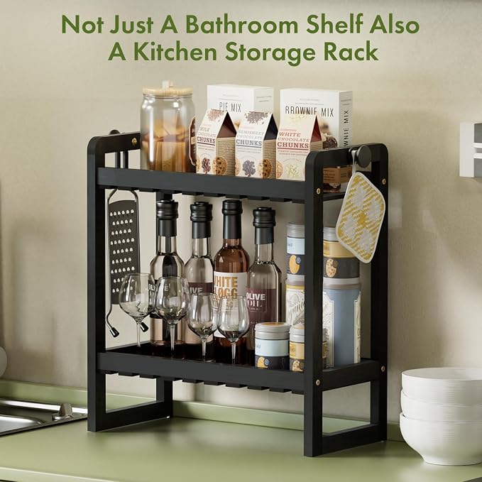 AmazerBath Bamboo Over The Toilet Storage Shelf - 2-Tier Bathroom Organizers and Storage Shelves, 2 in 1 Dual Stable Above Over Toilet Bathrooms Shelf Home Storages Rack for Small Bathroom, Black