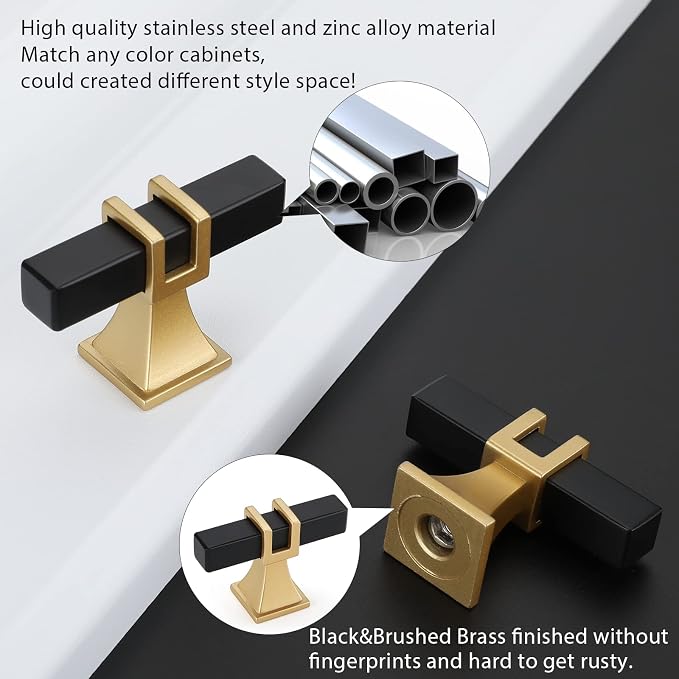 25 Pack Black and Gold Cabinet Knobs Black Dresser Drawer Konbs T Bar Pulls Kitchen Cabinet Hardware