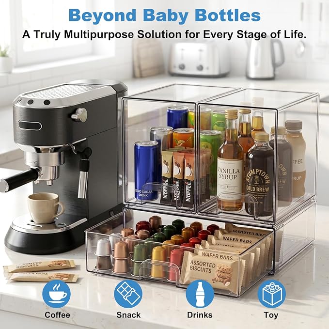 Clear Baby Bottle Organizer, 3-Piece Modular Stackable Acrylic Bins Set | BPA-Free Heavy-Duty Acrylic; Fits Breast Pump Parts, Nipples & Pacifiers; Space-Saving Nursery Cabinet & Drawer Organizer