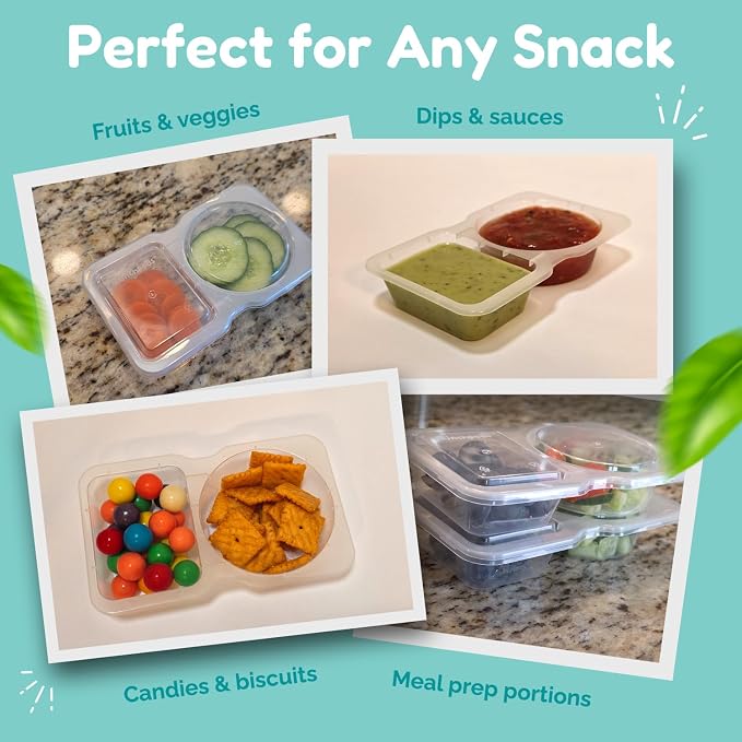 Reusable Snack Containers with Lids 50 Pack (100 Pieces) Portion control, Snack Pack Containers 2 Double Compartment Snack Containers for Kids On the Go Meals, Camping Snack Tray Prep