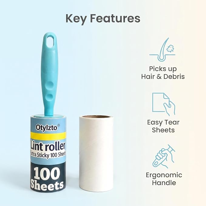 Otylzto 600 Sheets Extra Sticky Lint Rollers for Pet Hair lint Remover | Easy Spiral Tear for Clothes with Ergonomic Handle, for Furniture, Carpet, Car Seat, Lint roller refills house necessities
