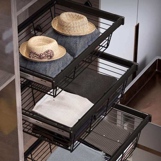 Closet Pull-Out Basket,Stackable Shelf Baskets Organizer,Aluminum Alloy and Stainless Steel Stackable Storage Bins,for Office Bathroom Bedroom(28.11-30.07in)