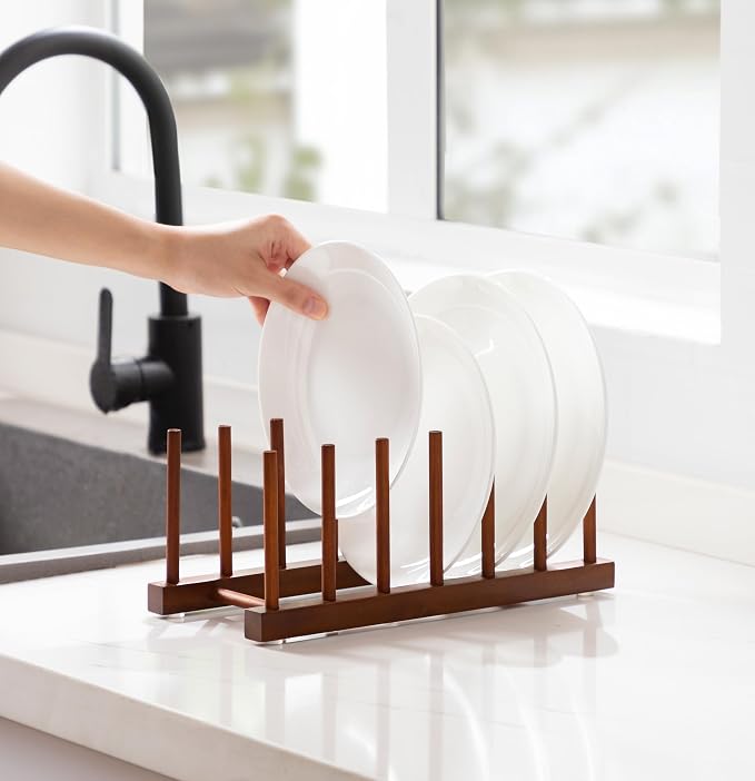 HBlife 4 Packs Teak Wooden Dish Drying Rack Kitchen Plate Organizer Holder | 6 Slots, Vertical Dish Racks for Cabinet Countertop & Wall, Plate Pot Lid Cutting Board Holder, Bowl Cup Drainer, Keep Dry