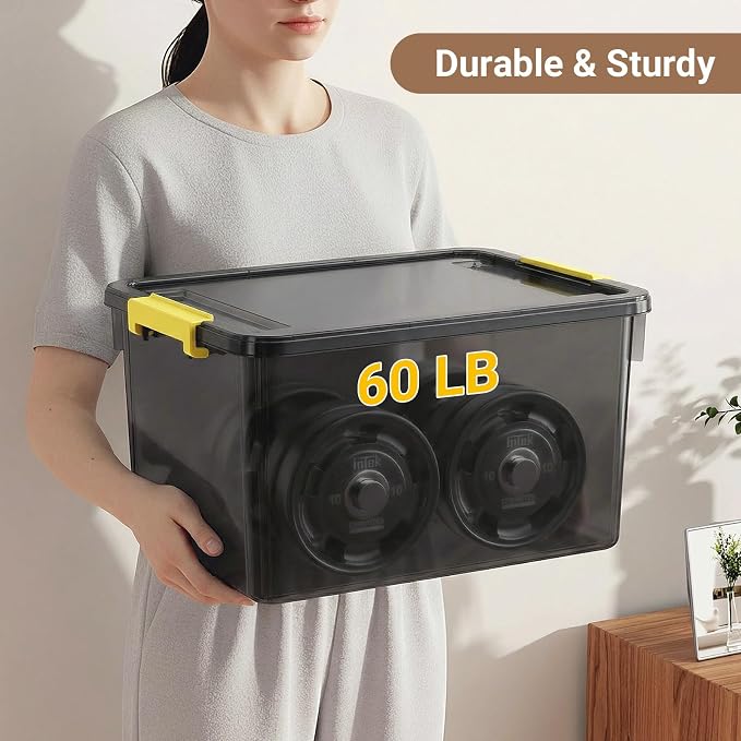80Qt Stackable Storage Bins with Lids & Trays, Clear Plastic Latching Boxes Organizers with Dividers Portable Containers for Arts & Crafts, Home & Car Trunk Organization,Clear Grey,4Pack