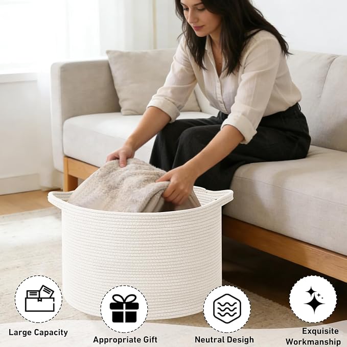 90L Large Blanket Basket,21.7"L x 21.7"W x 13.8"H Rope Woven Baskets with Handles, Toys Storage Bins,Laundry Basket Perfect for Living Room, Nursery,Bedroom,Home Organization,White