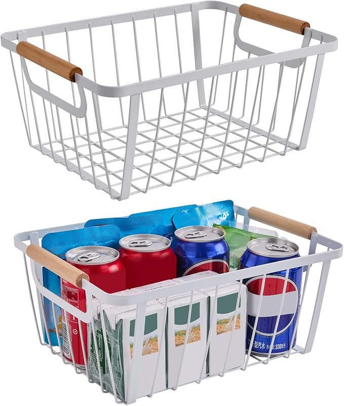 LeleCAT White wire baskets for organizing with Wooden Handle ,Metal Wire Storage Baskets Country Vintage Style Snack Baskets. pantry organizers and storage，Kitchen,Bedroom,Bathroom,White,Set of 2