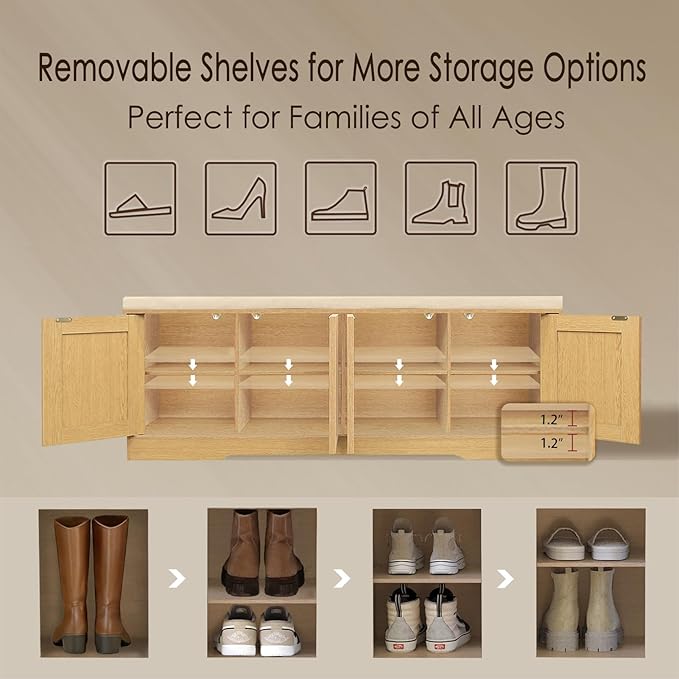 DINZI LVJ Shoe Bench, Entryway Storage Bench with Doors, Cushion, 2-Tier Shoe Rack with 8-Cubby, 47.2”L x 13.8”W Shoe Organizer Cabinet, Adjustable Shelf, Living Room, Bedroom, Natural with Rattan