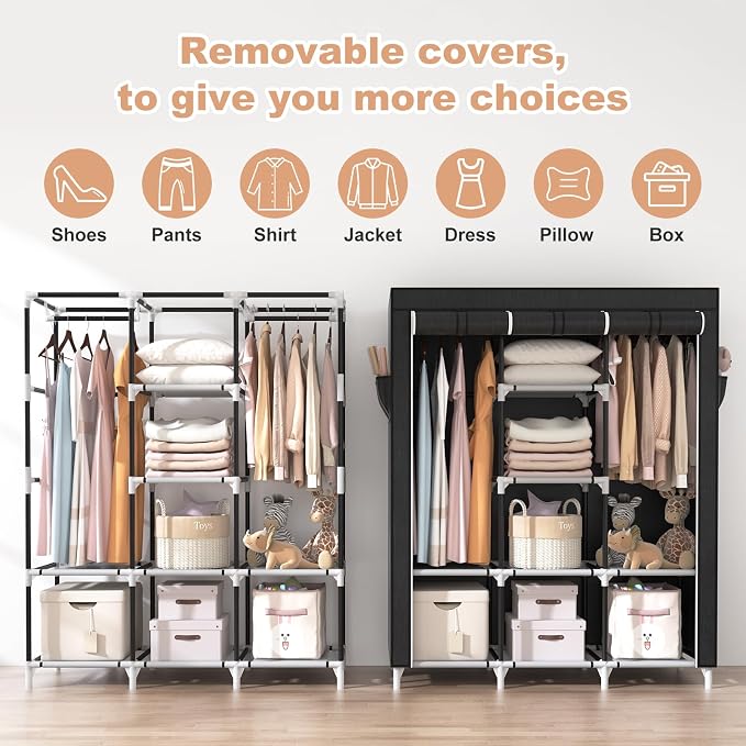 VTRIN Portable Closet, Large Capacity Portable Wardrobe with 2 Hanging Rods and 8 Storage Shelves, Sturdy Free Standing Closet Wardrobe for Hanging Clothes with Side Pockets, Black
