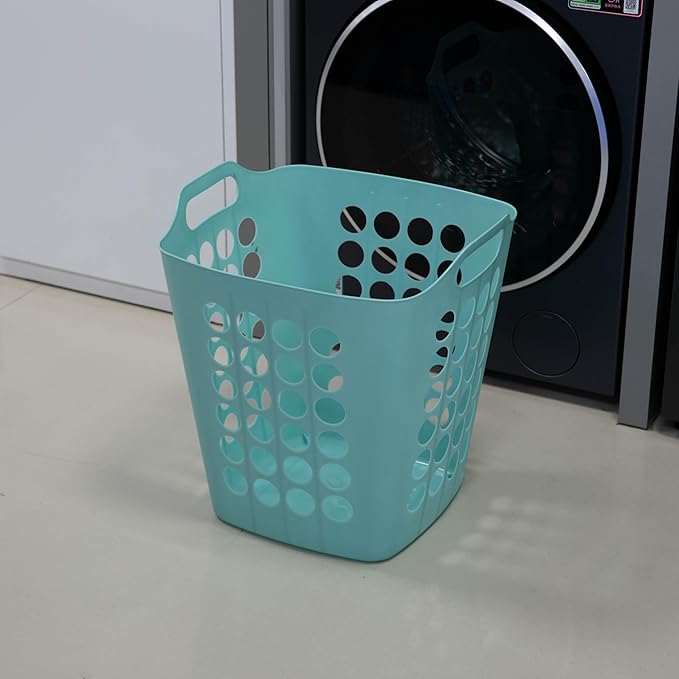 Flexible Plastic Laundry Basket - Square Storage Hamper with Side Handles for Easy Carrying - Versatile Organizer for Laundry, and Household Storage, Green 50 Litter