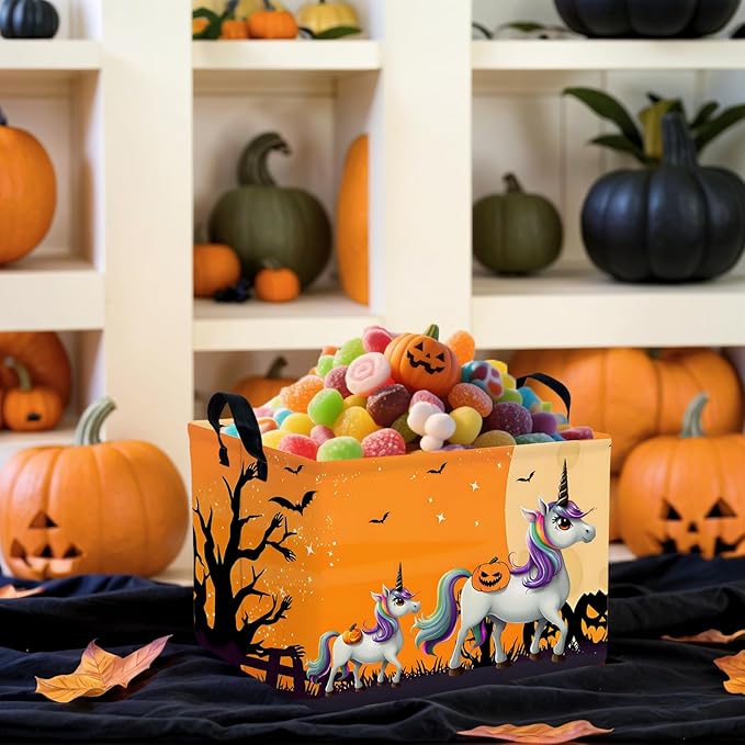 Halloween Basket Gift Cute Pumpkin Ghost Parties Decor Kid Trick or Treat Basket for Boys and Girls Rectangular Storage Bin Box (Unicorn Bat)
