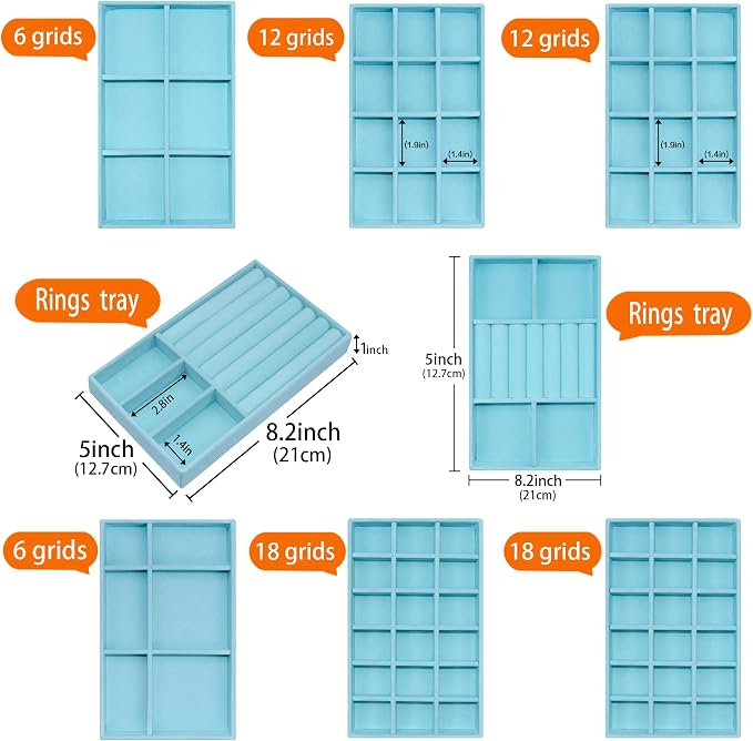 Jewelry Organizer Tray Set of 8, Stackable Velvet Jewelry Trays with Removable Dividers, Drawer Inserts Earring Organizer for Women, Jewelry Storage Display Case for Rings Necklaces Bracelets, Blue