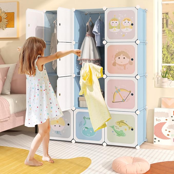 INFANS Children Wardrobe, Kid Closet Portable Baby Dresser Cute for Kids Bedroom Nursery Armoire with Doors 12 Cube 2 Hanging Sections, Kid Clothes Storage Organizer (Pink, 12 Cubes)