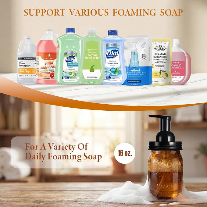 Amolliar Plastic Mason Jar Foaming Soap Dispenser Pump Lid, 16oz Foam Soap Dispenser with Cute Lables - Amber Refillable Hand Soap Dispenser for Bathroom Kitchen Shower (2 Pack, Black)