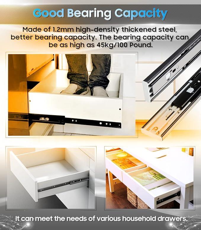 YENUO Push to Open Drawer Slides Full Extension 12–24 Inch 100 LB | Side Mount Heavy Duty Touch Release Drawer Glides Rails Ball Bearing 12–24 Inch for Kitchen Dresser Hardware Cabinet 1 Pair