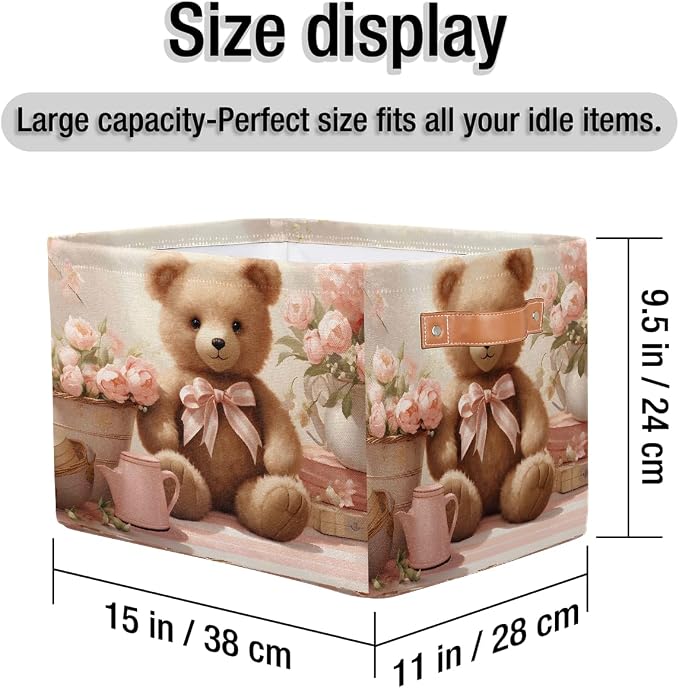 Rectangle Storage Baskets for Shelves, Bear And Roses Storage Cube Organizer Bins Collapsible Toy Basket for Nursery Home Room
