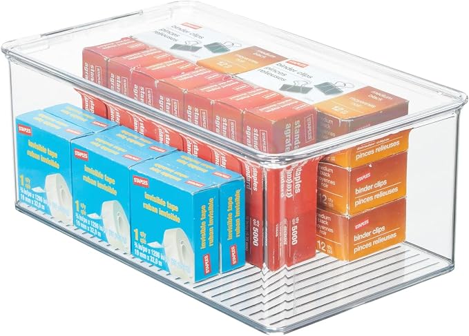 mDesign Plastic Stackable Home Office Storage Organizer Box with Hinge Lid - Holder Container Bin for Note Pads, Gel Pens, Staples, Dry Erase Markers, Tape, Supplies - Lumiere Collection - Clear