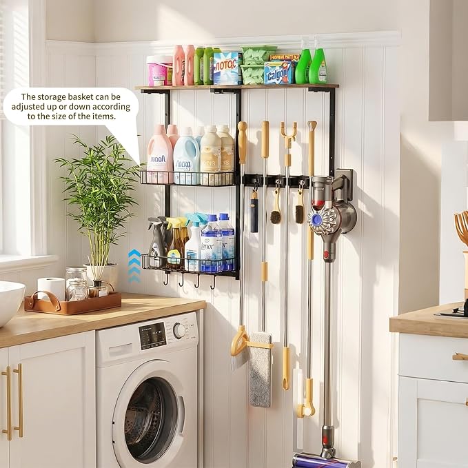 Broom Holder Wall Mount，Mop Rack With Storage Basket,Diversity Laundry Room Cleaning Tool Storage container，Suitable Family Garage Kitchen Organization Wall-Mounted Rack (Black, Medium)