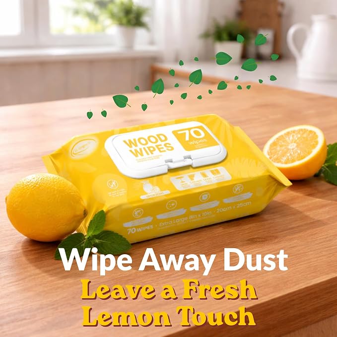 Air Jungles Wood Furniture Cleaner Wipes 70 Count (2 Packs), XL 8x10 Inch | Clean, Protect, Polish Wood Tables, Chairs, Cabinets, Desks, With Vitamin E Gentle For Skin, Lemon Scent