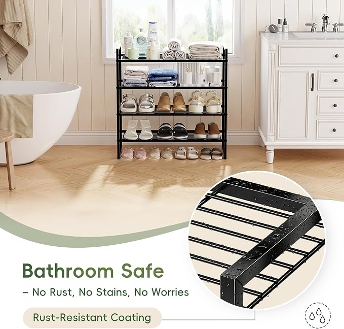 4 Tier Shoe Rack for Closet, 27 Inch Long Square Shoe Storage Organizer for Shelves, Heavy Duty Metal, Easy Assembly Stackable, Black
