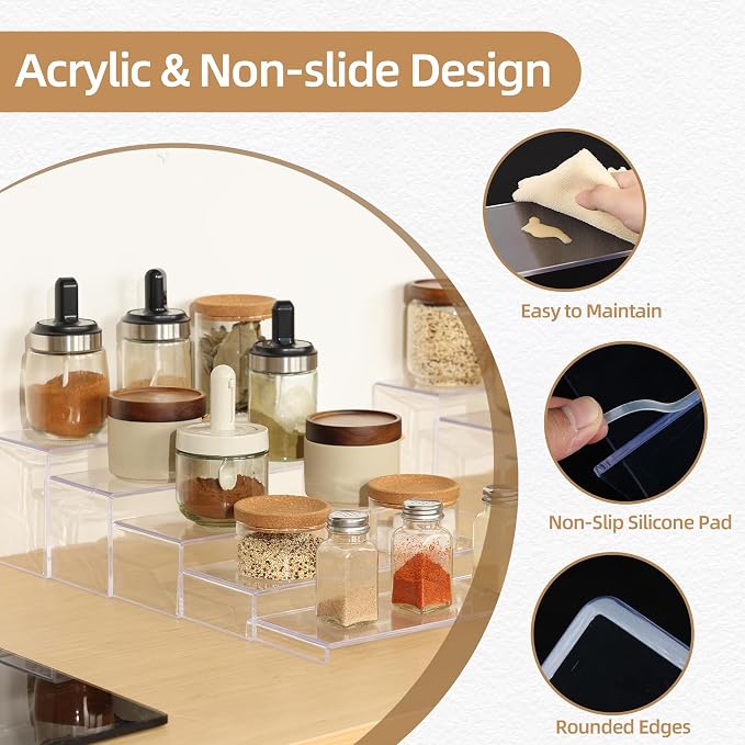 10 Pack Acrylic Spice Rack Organizer for Cabinet(10.8"~12.4"L), 5 Size Seasoning Organization with Non-Slide Silicone Pads, Clear Shelf Riser Storage Can & Cup for Kitchen Countertop, Cupboard, Pantry