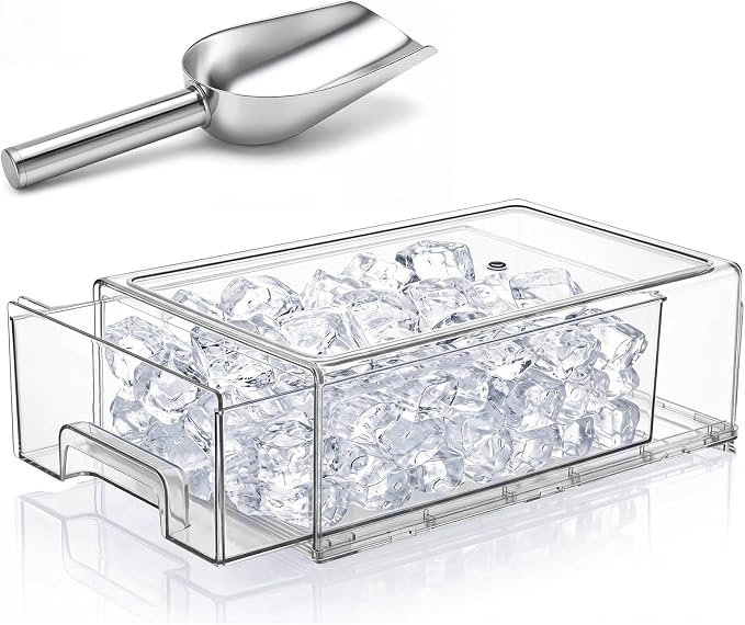 Havawish 1 Set Ice Container for Freezer with Scoop, Ice Storage Bin with Lid, Pull out Freezer Bin Organizer for Refrigerator, Clear Stackable Holder, Large 13.78 x 9.25 x 4.33 Inch