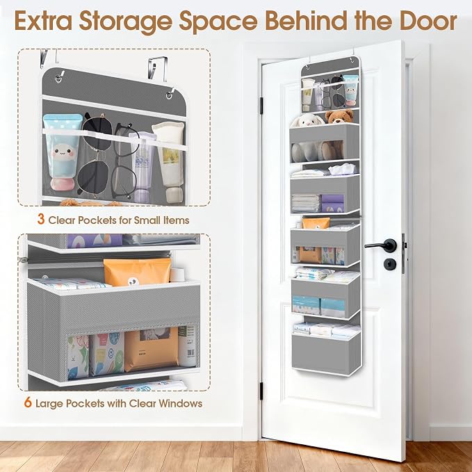 WISELIFE 6-Tier Over The Door Organizer Storage Detachable Design Door Hanging Storage Organizer with Clear Window Behind The Door Storage for Nursery Bedroom Bathroom Pantry Closet Grey