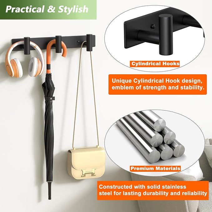 Wall Mounted Coat Rack-3 Hooks, Heavy Duty Stainless Steel Wall Hooks for Towel Coat Bag, Hat Rack Coat Hanger Coat Hooks Towel Racks for Bathroom Entryway Kitchen Hotel Office (Black, 1 Pack)