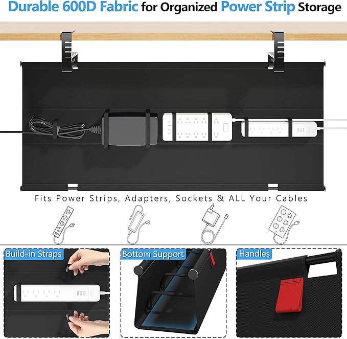 Litwaro Under Desk Cable Management Tray No Drill, 28.4" Cord Organizer with Clamp for Standing Desk, Premium Fabric Cable Tray with Wire Management for Office Home, Black