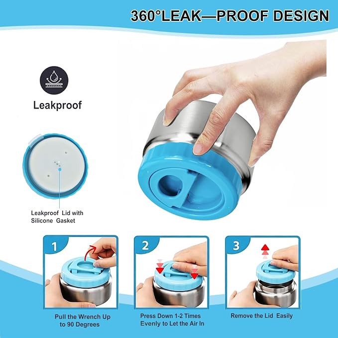 Vacuum Insulated Food Container for Hot & Cold Food, Kids Easy to Open No Twisting Lid, BPA-free，Leak Proof (blue)